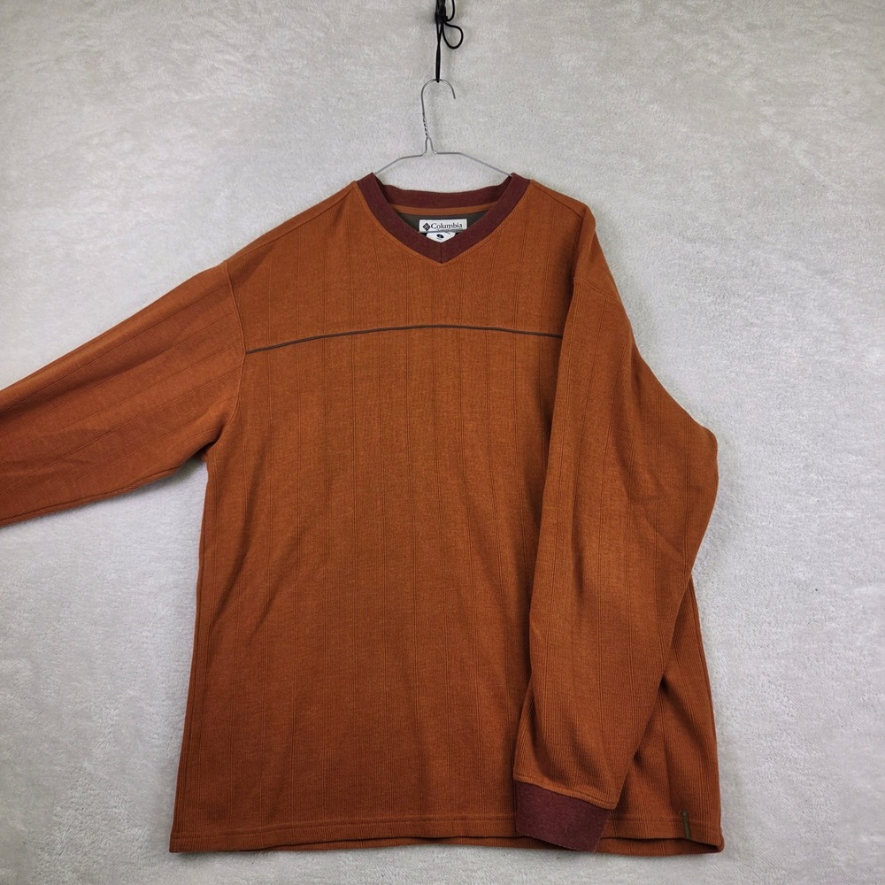Columbia Sportswear Mens Large Long Sleeve Ribbed Knit Shirt Orange Brown Crew